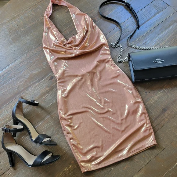 12th Tribe Halter Mini Dress Rose Gold Matalic Pink Cowl Neck Size Small - Picture 3 of 13